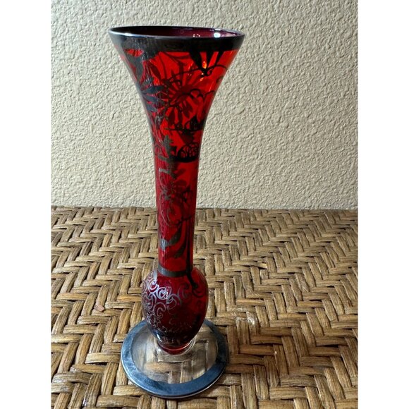 Vintage Floral Silver Over Lay Glass Bud Vase Red & Black - Picture 2 of 8
